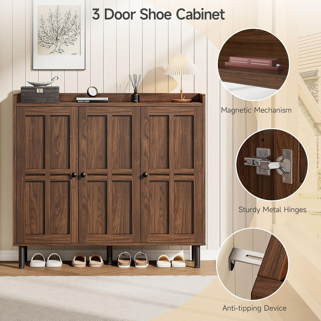 ONBRILL Shoe Cabinet with 3 Doors and Adjustable Shelves, 30 Pairs Shoe Storage Cabinet, 40 Inch Tall Farmhouse Shoe Rack Shoe Organizer Cabinet for Entryway Living Room Closet, Walnut