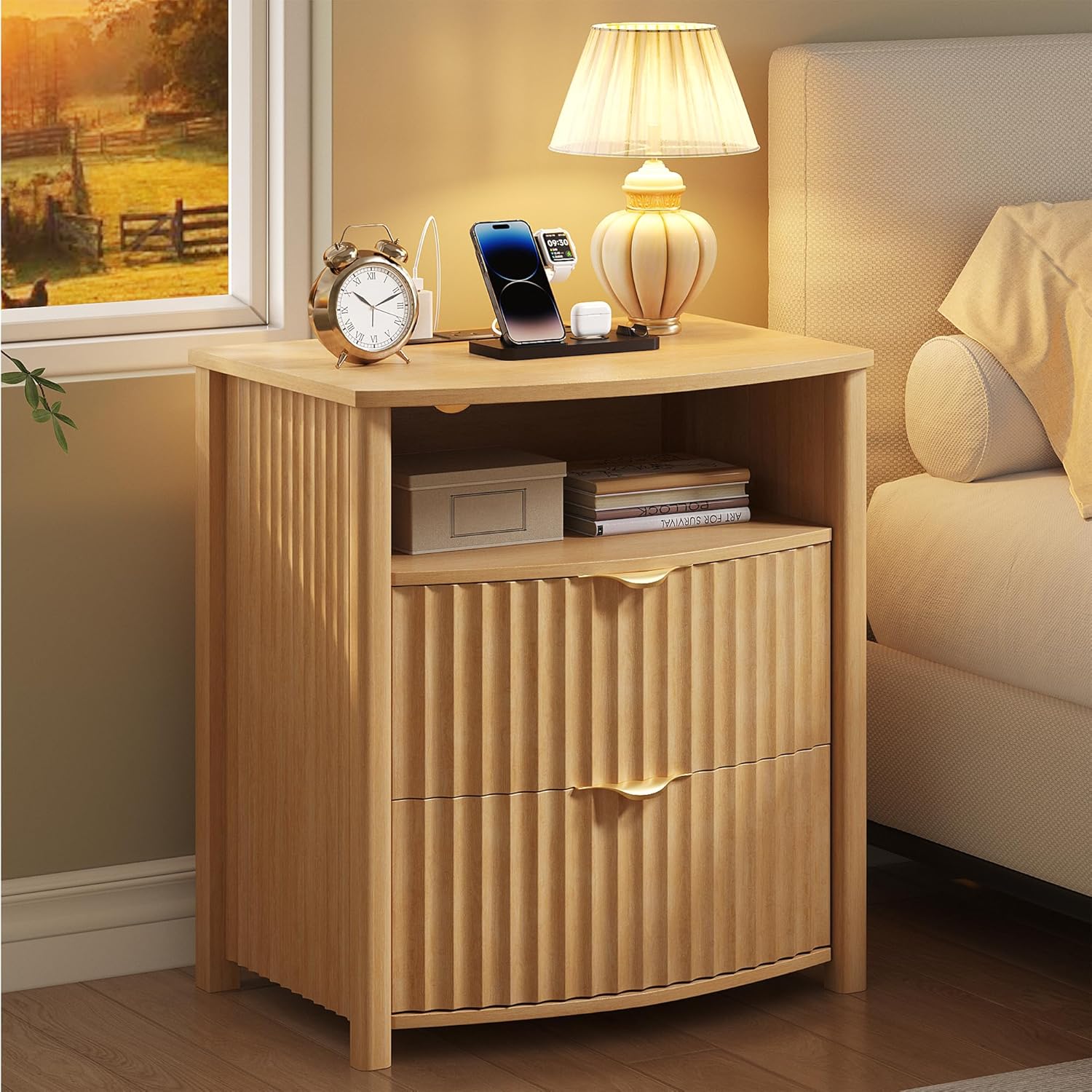 Dystler Fluted Night Stand with Gun Drawer & Card-Lock, 19.7" W Curved Nightstand with Charging Station and LED Lights, 2 Drawers Smart Bedside Table for Bedroom (1, Oak)