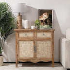 RoyalCraft Sideboard Buffet Cabinet, Solid Wood Accent Cabinet with 2 Carved Doors and 2 Drawers, Vintage Credenza for Kitchen, Living Room, Hallway, Natural Oak