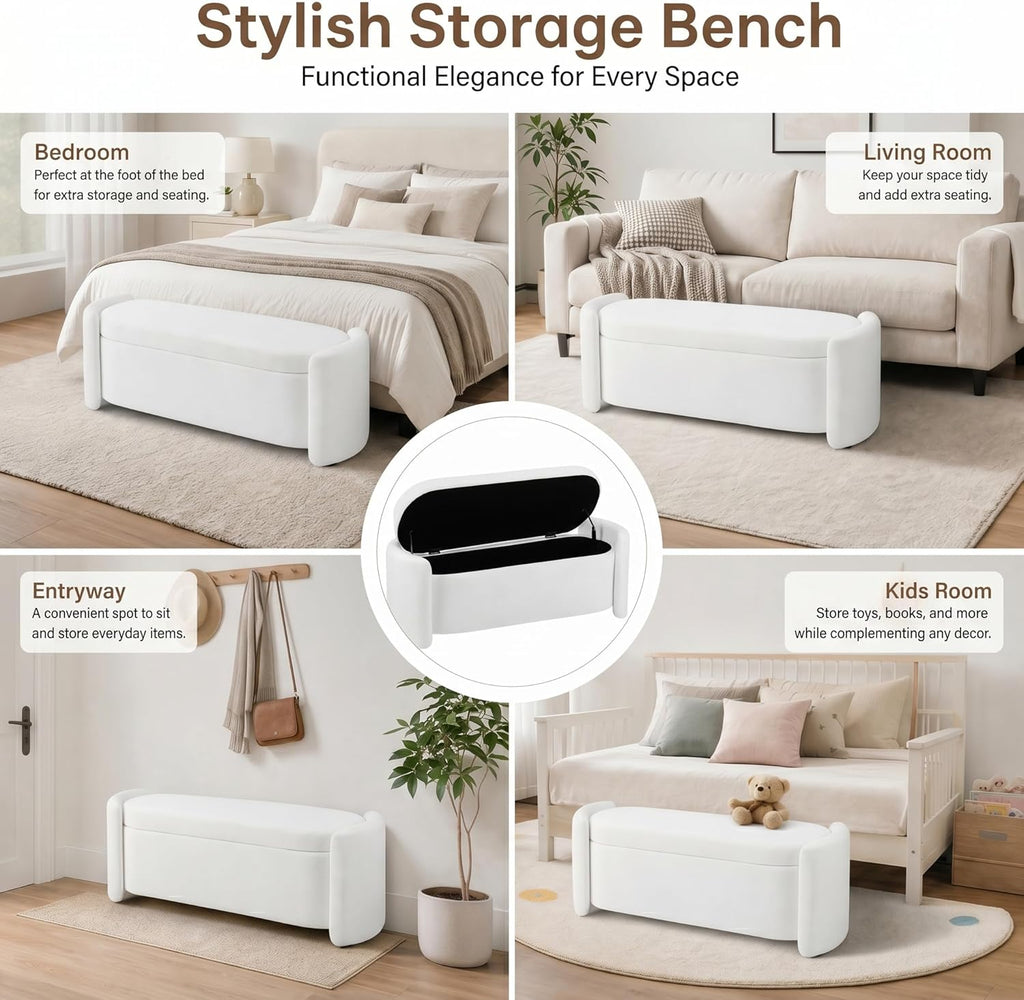 48.8" Modern Velvet Storage Ottoman Bench, Upholstered Fabric Storage Bench for Bedroom End of Bed, Large Oval Storage Ottoman for Living Room Entryway Hallway, White