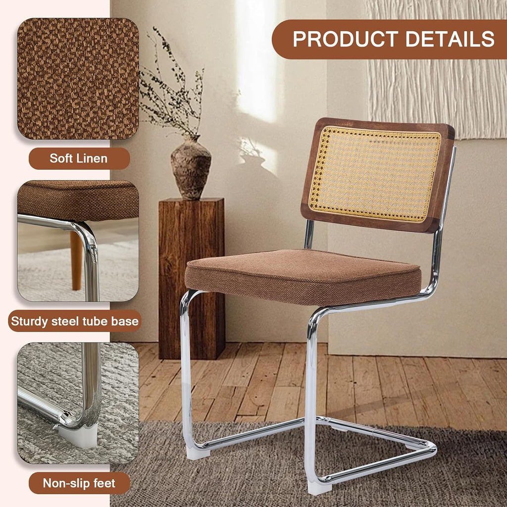 Rattan Back Linen Dining Chair Set of 2 Modern Stainless Chrome Base Armless Upholstered Side Chair for Dining Room, Kitchen Island,Coffee