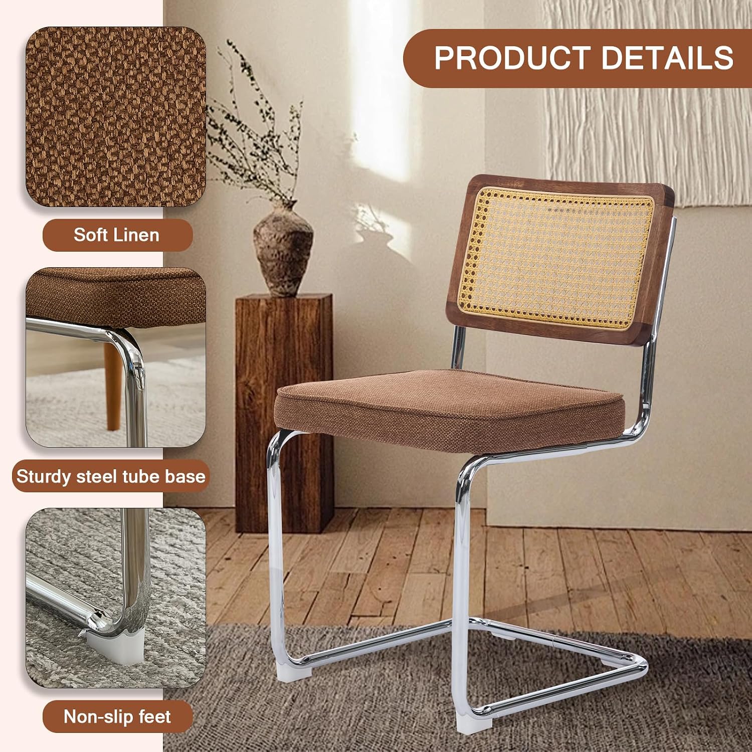 Rattan Back Linen Dining Chair Set of 2 Modern Stainless Chrome Base Armless Upholstered Side Chair for Dining Room, Kitchen Island,Coffee