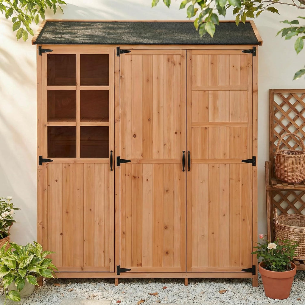 Merax Potting Bench with Waterproof Roof, Patio Garden Shed with 3 Doors Storage Cabinet with Workstation, 7 Storage Shelves, 2 Drawers and 6 Hooks for Backyard, Natural