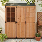 Merax Potting Bench with Waterproof Roof, Patio Garden Shed with 3 Doors Storage Cabinet with Workstation, 7 Storage Shelves, 2 Drawers and 6 Hooks for Backyard, Natural