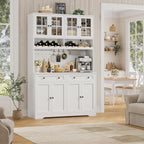 HOSTACK 75.4" Tall Kitchen Pantry Cabinet with Charging Station, Modern White Kitchen Hutch with Microwave Stand and Wine Racks, Large Food Pantry Storage Cabinet with Glass Doors and Drawers, White