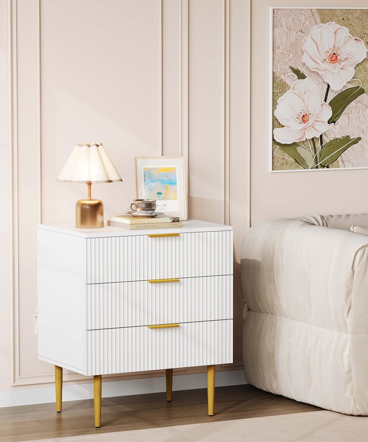 Akxomel Fluted Nightstand Side Table with Charging Station White Bedroom | 3 Drawer Nightstand with Charging Station, Modern Bedside Table, 15.7"D x 23.2"W x 27.5"H, for Bedroom