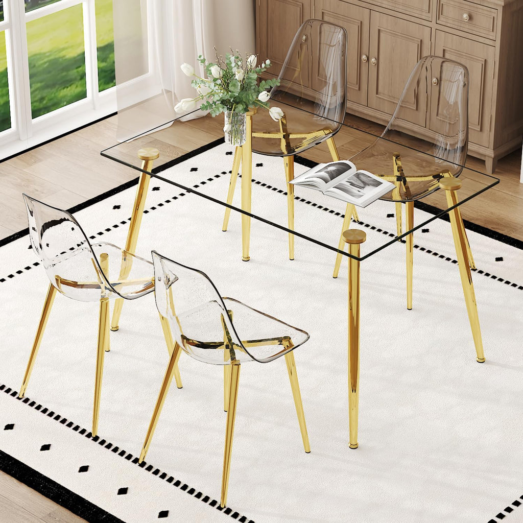 Ebullient Glass Dining Table Set for 4, 51" Clear Tempered Glass Tabletop with Gold Chrome Metal Legs and 4 Transparent Acrylic Chairs, Compact Modern Kitchen Table Set for Small Space Dining Room