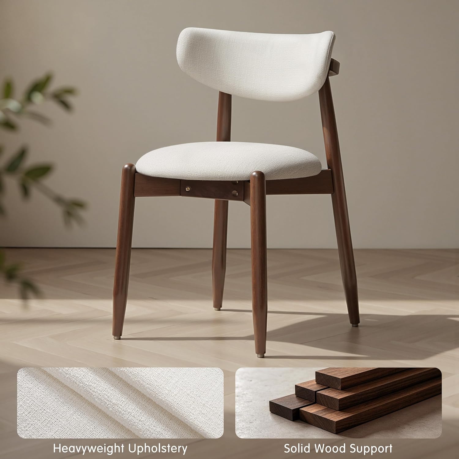 Dining Chairs Set of 4, Wooden Upholstered Dining Room Chairs with Curved Backrest, Mid Century Modern Fabric Kitchen Chairs, Cream & Walnut Legs