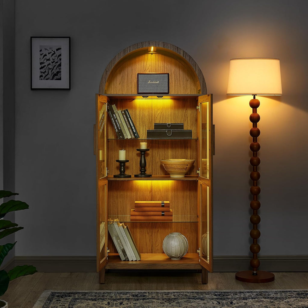 JIJIWANG Tall Wooden Arched Cabinet,LED Arched Kitchen Pantry Cabinet with Doors & Shelves,Modern Retro-Style Wooden Storage Cabinets with Adjustable Glass Partitions for Dining Room,Brown