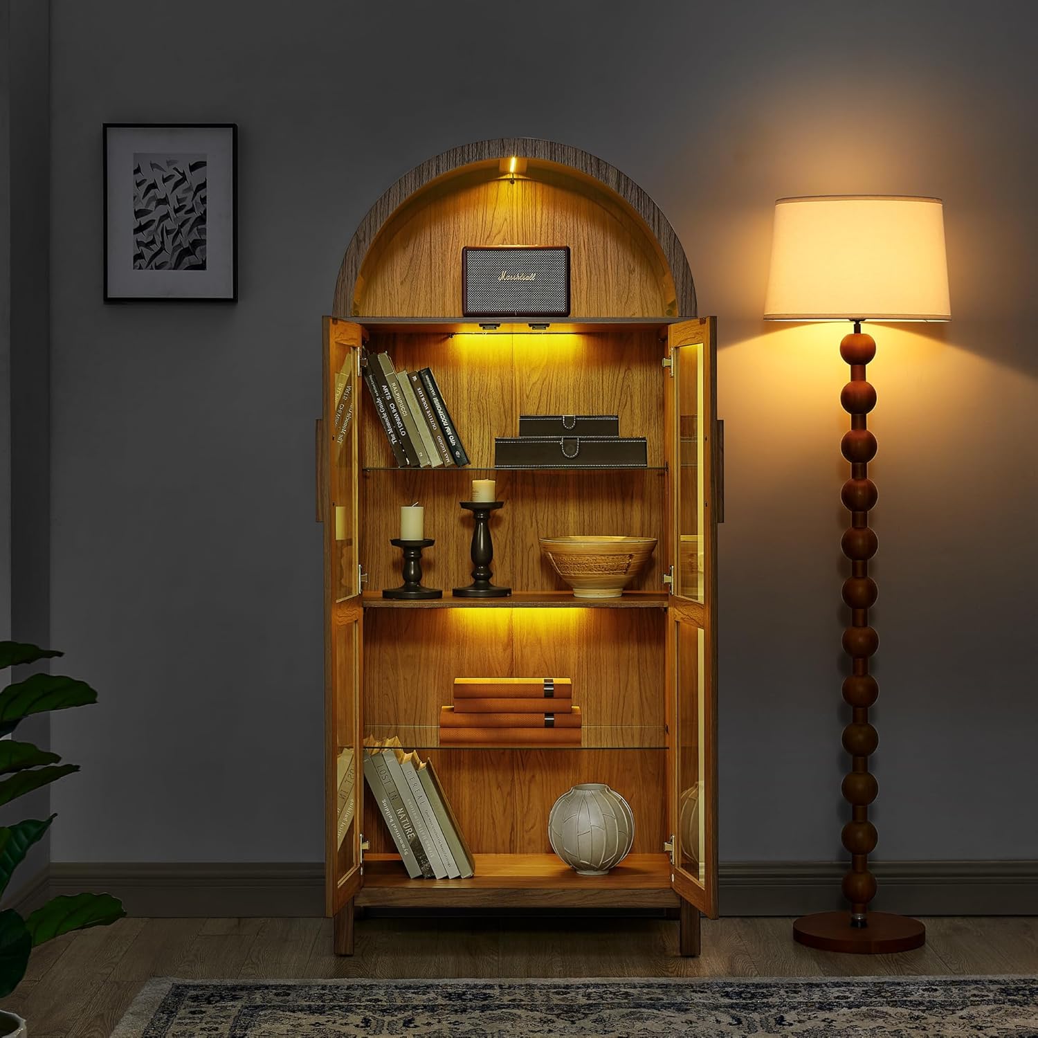 JIJIWANG Tall Wooden Arched Cabinet,LED Arched Kitchen Pantry Cabinet with Doors & Shelves,Modern Retro-Style Wooden Storage Cabinets with Adjustable Glass Partitions for Dining Room,Brown