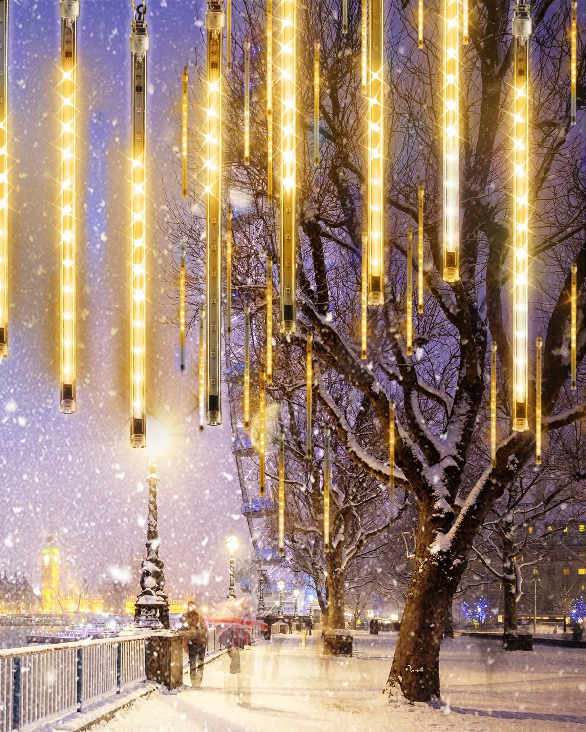 Flacchi Warm White 20 Tubes 480 LED Raindrop Meteor Shower Icicle Lights with Timer Function Cascading Falling Rain Lights for Holiday Party Christmas Decorations