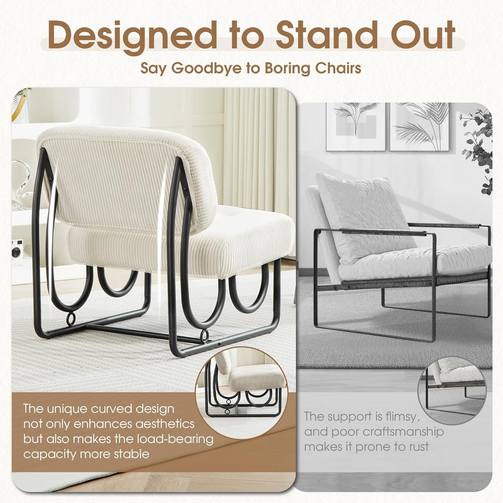 Armless Accent Chair, Beige Upholstered Chair for Bedroom, Comfy Modern Chair for Living Room, Small Space Mid Century Accent Chair, No Arm Lounge Chair