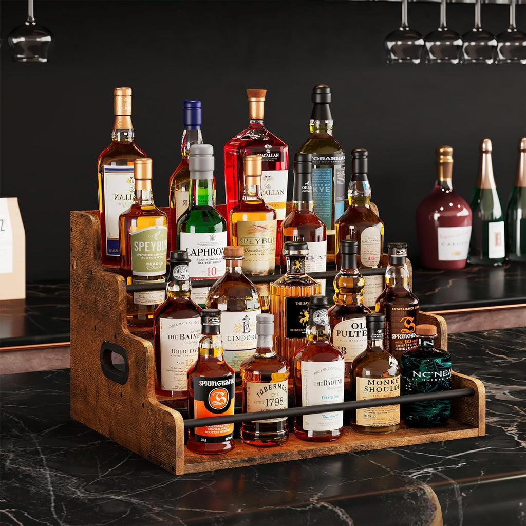 LIVELYGLOW 19.6”W x 15.74" D x 12.5" H Inches Versatile 4-Step Coffee Syrup & Water Bottle Organizer Rack Multi-Functional Retro Display Shelf for Kitchen or Bar, Holds Liquor & Spirits, Wooden