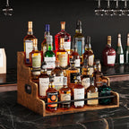 LIVELYGLOW 19.6”W x 15.74" D x 12.5" H Inches Versatile 4-Step Coffee Syrup & Water Bottle Organizer Rack Multi-Functional Retro Display Shelf for Kitchen or Bar, Holds Liquor & Spirits, Wooden
