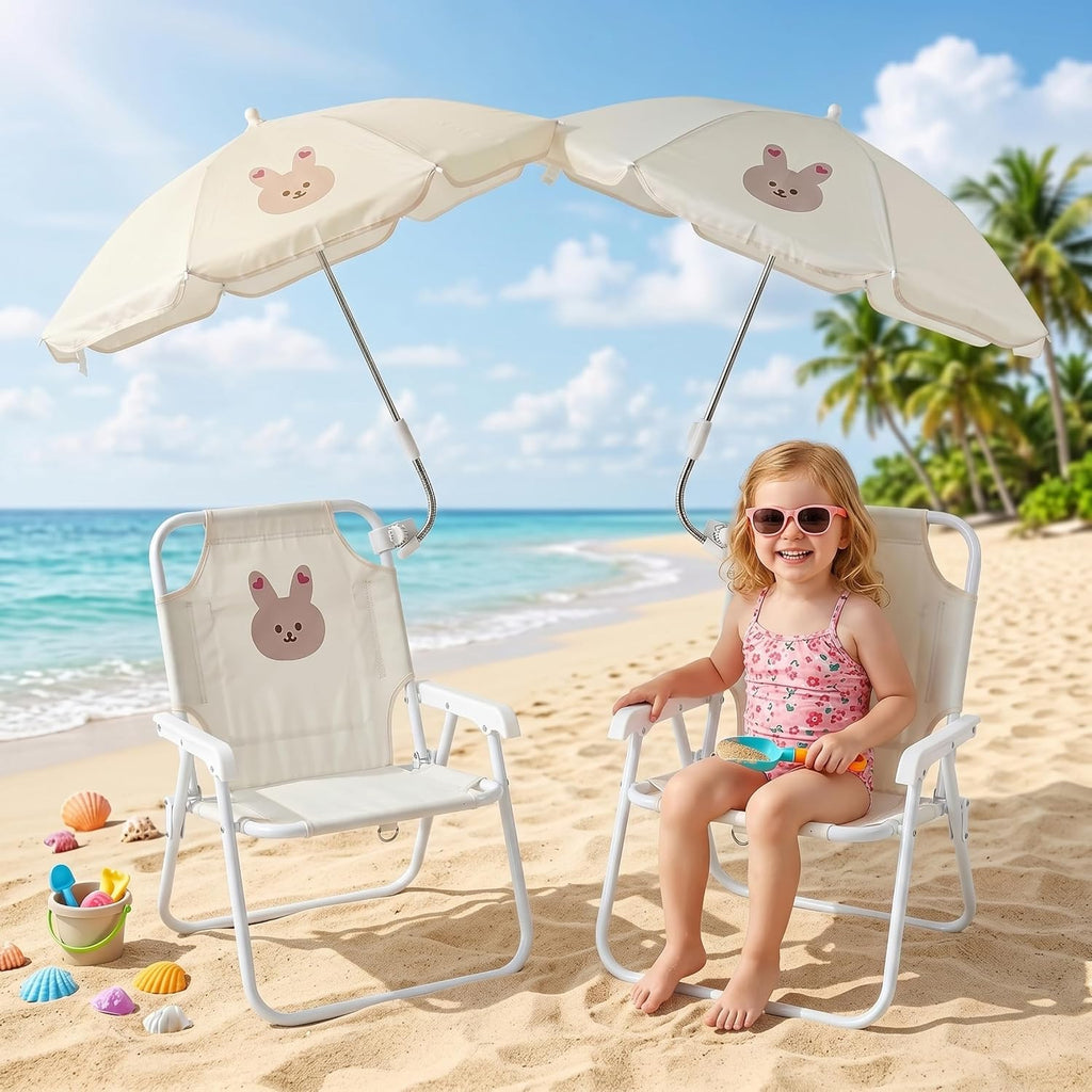 Kids Beach Chair with Umbrella, Kids Beach Chair with Umbrella, Foldable Toddler Lawn with Sun Shade for/Pool/Camping/Fishing, Bunny