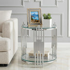 Modern Glass End Table, 19.69" Round Sofa Side Table with Silver Stainless Steel Frame and Clear Glass Top, Cocktail Tea Table, Luxury 2-Tier End Table with Storage Shelves for Home Office