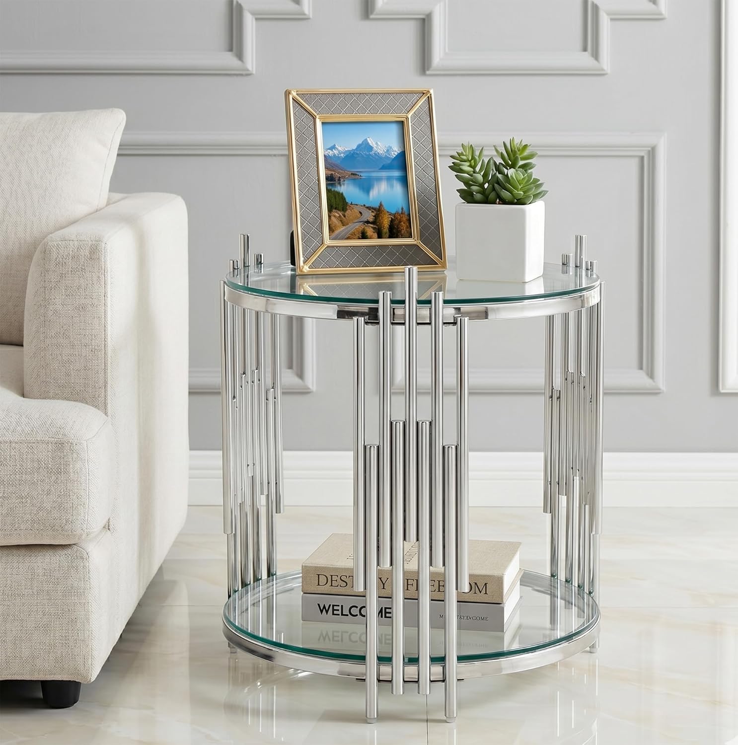 Modern Glass End Table, 19.69" Round Sofa Side Table with Silver Stainless Steel Frame and Clear Glass Top, Cocktail Tea Table, Luxury 2-Tier End Table with Storage Shelves for Home Office