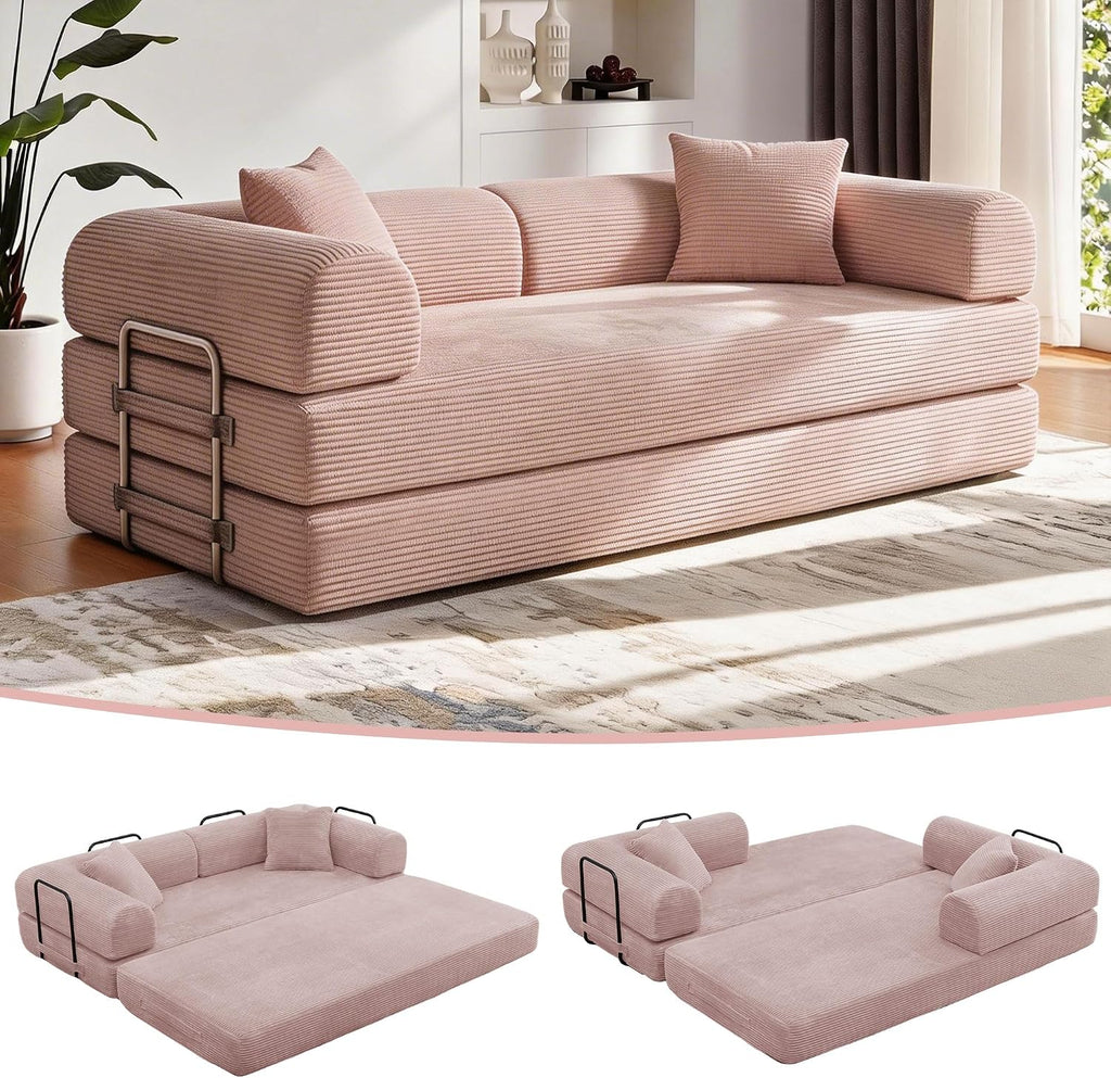 JJJ 63 inch Sofa Bed 4-in-1 Boneless Convertible Corduroy Sleeper Folding Couch with Fixed-Shape Frame and 2 Futons No Assemble Required 3 Seater Upholstered for Living Room (Pink, 63 inch)