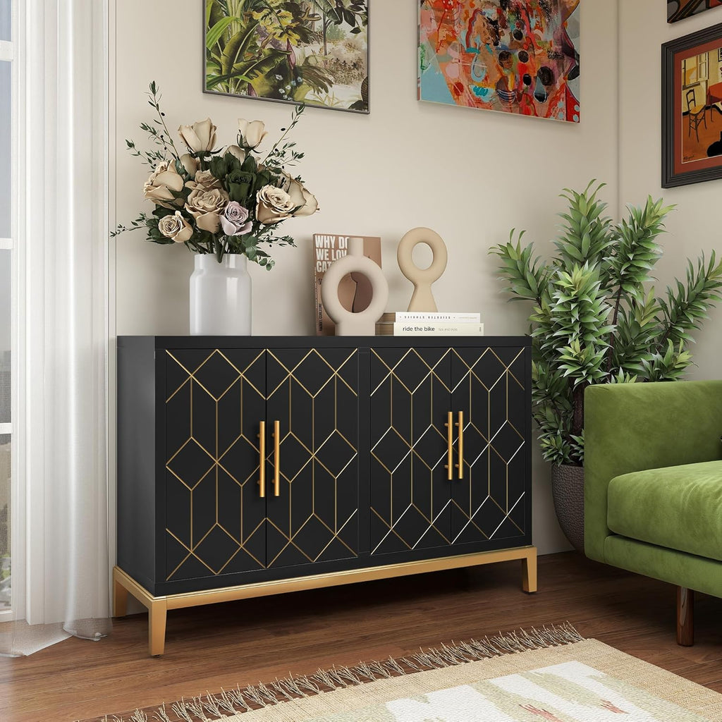 47.8" Storage Accent Cabinet with 4 Doors, Modern Sideboard Buffet Cabinet with Gold Lines, Wood Decorative Credenza with Storage for Living Room, Kitchen, Dining Room, Entryway, Black