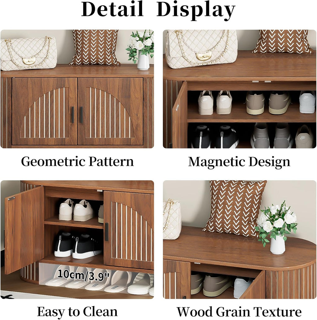 Shoe Storage Bench with Doors and Adjustable Shelf, 2-Tier Entryway Bench with Storage, Wooden Modern Shoe Cabinet Organizer for Entryway, Hallway, Living Room