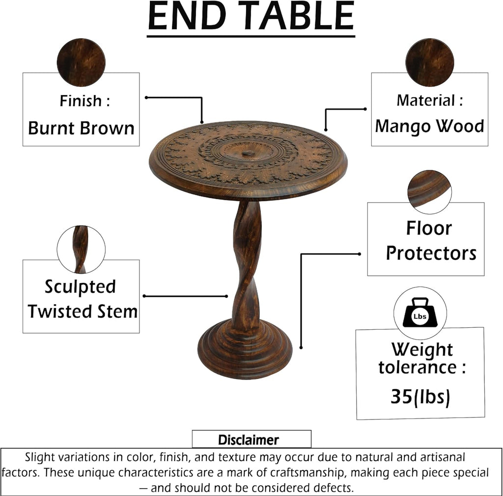 TUP THE URBAN PORT Jem 22 Inch Side End Table, Round Top, Hand Carved Boho Mandala Design with Twisted Base, Brown Mango Wood