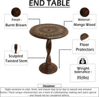TUP THE URBAN PORT Jem 22 Inch Side End Table, Round Top, Hand Carved Boho Mandala Design with Twisted Base, Brown Mango Wood