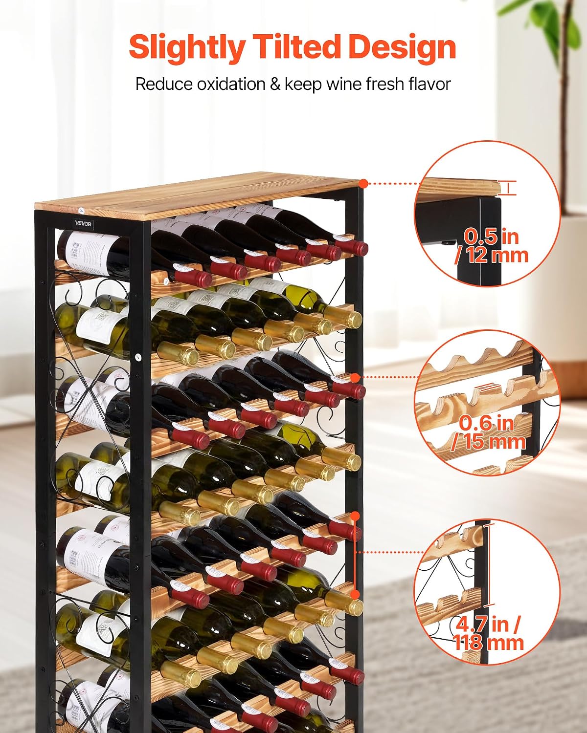 VEVOR 48 Bottle Wine Rack,8-Tier Iron Wine Bottle Holder with Wood Table Top,Freestanding Floor Display Wine Storage Shelves,for Kitchen Pantry, Cellar, Bar, Dining Room,26''L X 9.3''W X 46.9''H