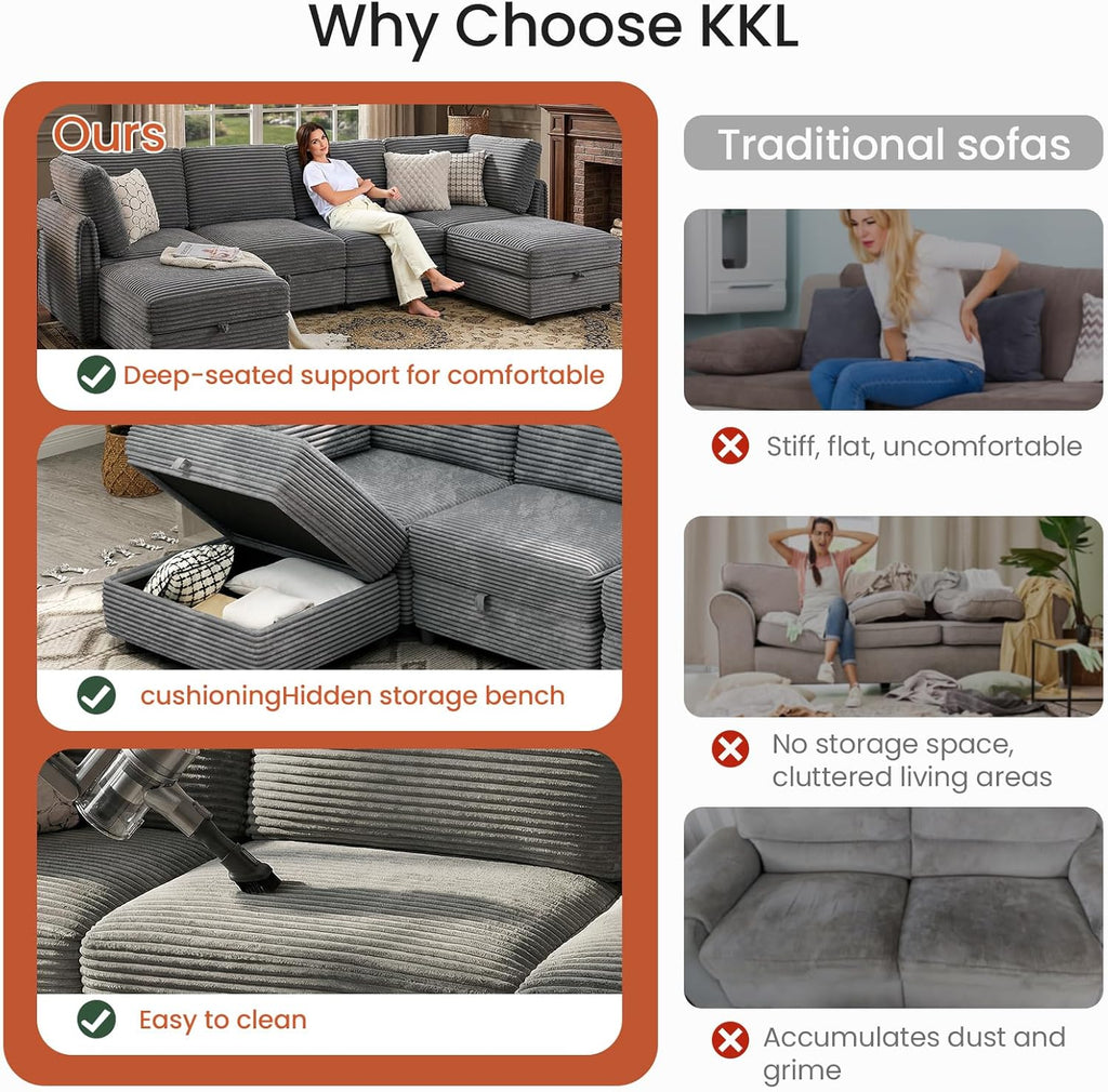KKL Modular Sectional Sofa U-Shaped 6 Seater Couch with Storage Ottoman, Convertible L-Shaped Plush Wide-Wale Corduroy Couch for Living Room, Apartment, Modern Design, Gray
