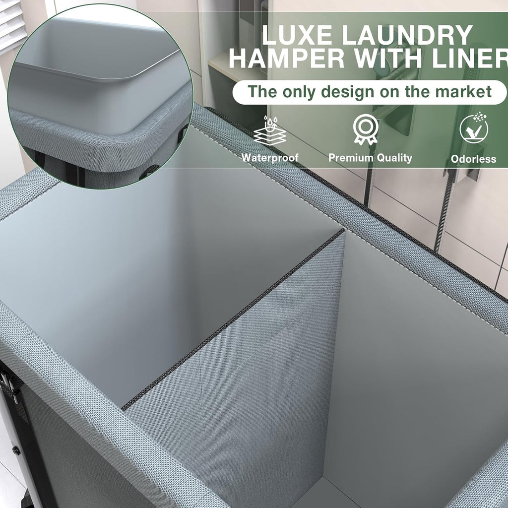 50 Gal(190L) Laundry Basket with Lid, Rolling Laundry Hamper with Wheels, Dirty Clothes Hamper with Metal Frame and Removable Bag Design, Suitable for Laundry Room, Bedroom(Grey, 2 Section 190L)