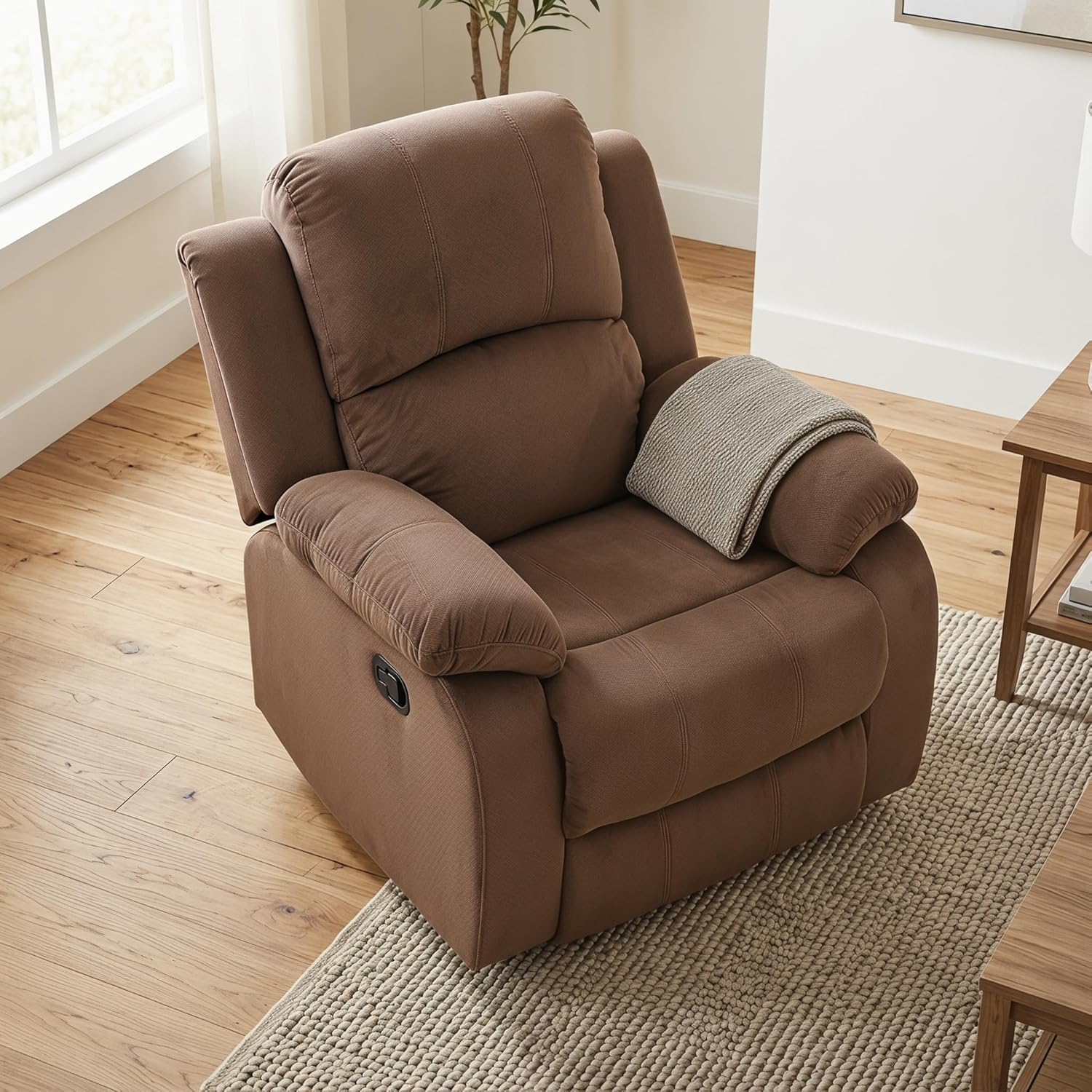 Manual Recliner Chair, Nursery Rocking Chair, Velvet Recliner Chair for Adults, Lazy Boy, Gaming Recliner wih Overstuffed Arms, Suitable for Home Theater, Living Room, Bedroom, Brown