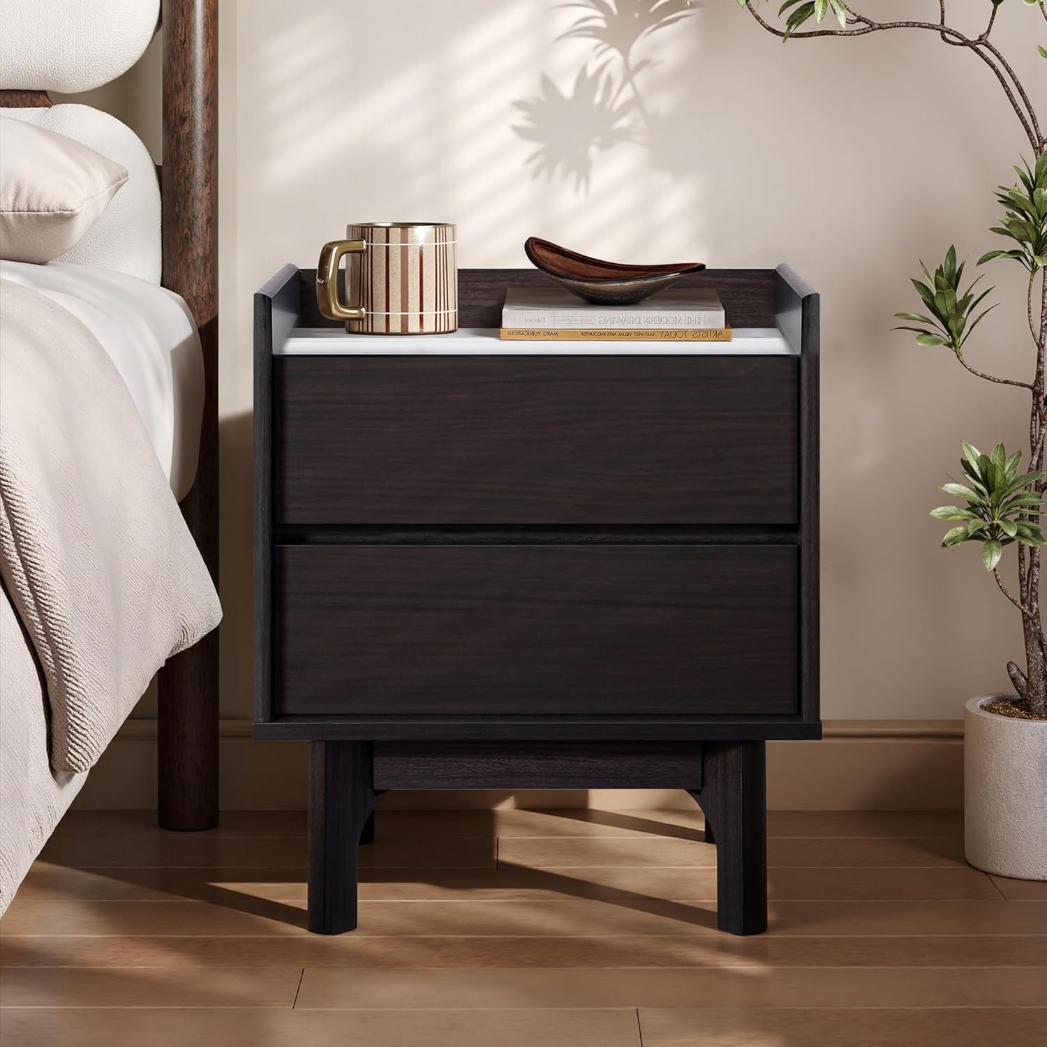 LuxenHome Modern 2 Drawers Nightstand with Faux Marble Top, 23'' Wood Accent Side Tables with Storage, Tray-Edge Design Bedside Table for Bedroom Living Room Sofa Office, End Table for Small Spaces
