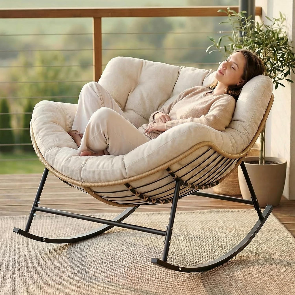 SWITTE Outdoor Oversized Rocking Papasan Chair, Indoor Wicker Egg Lounge with Thick Cushion, 450 lbs Heavy Duty Comfy Patio Rocker Chair for Balcony, Porch, Indoor Living Room, Beige