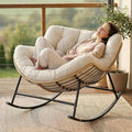 SWITTE Outdoor Oversized Rocking Papasan Chair, Indoor Wicker Egg Lounge with Thick Cushion, 450 lbs Heavy Duty Comfy Patio Rocker Chair for Balcony, Porch, Indoor Living Room, Beige