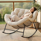 SWITTE Outdoor Oversized Rocking Papasan Chair, Indoor Wicker Egg Lounge with Thick Cushion, 450 lbs Heavy Duty Comfy Patio Rocker Chair for Balcony, Porch, Indoor Living Room, Beige