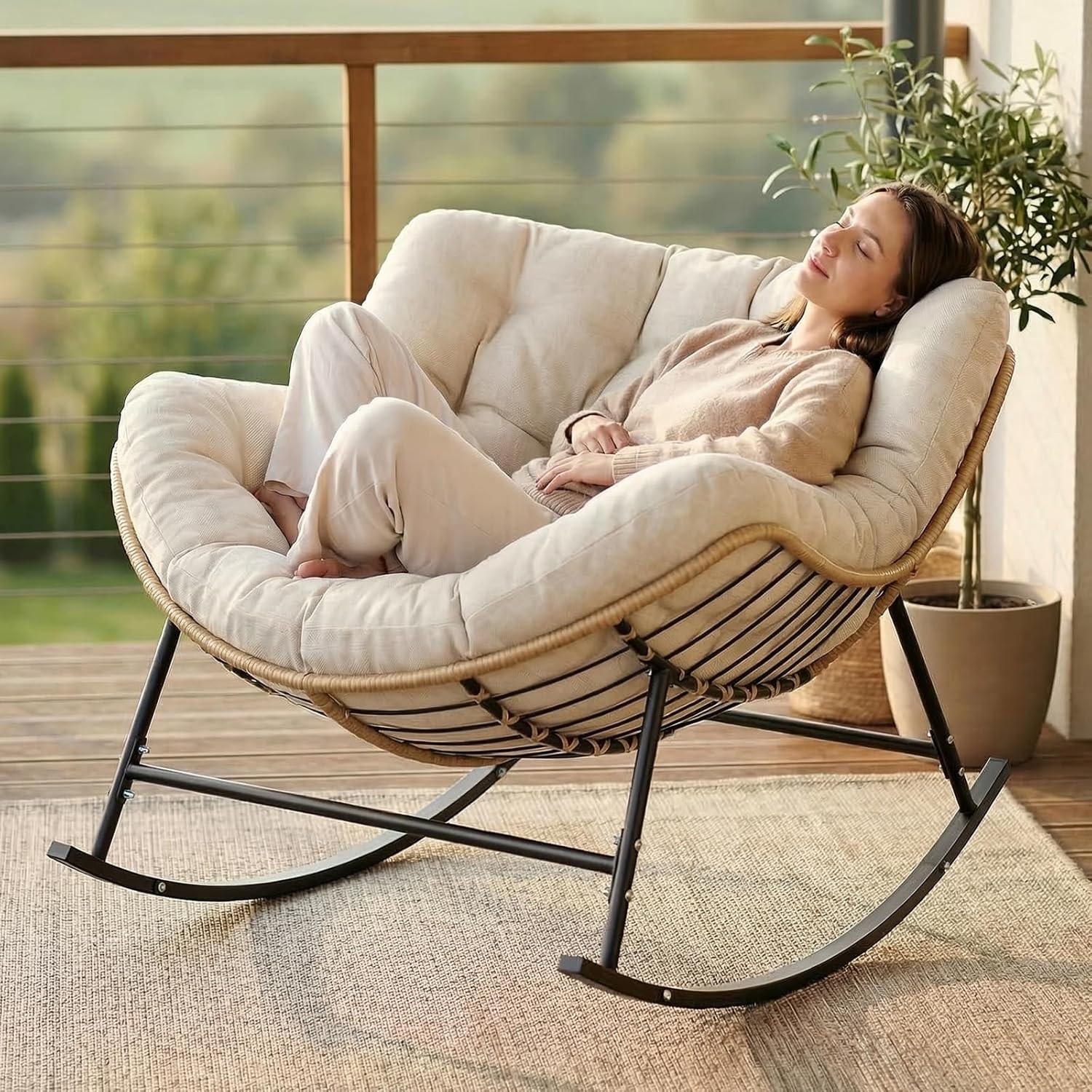 SWITTE Outdoor Oversized Rocking Papasan Chair, Indoor Wicker Egg Lounge with Thick Cushion, 450 lbs Heavy Duty Comfy Patio Rocker Chair for Balcony, Porch, Indoor Living Room, Beige