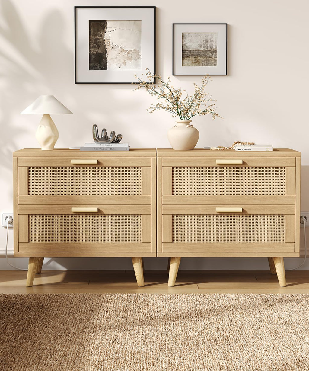 Keehusux 23.6" W Rattan Nightstand with Charging Station and 2 Drawers | Large Bedside Table, Wooden End Table with Solid Wood Legs, Boho Night Stand for Bedroom, Natural Oak KES009MECTG
