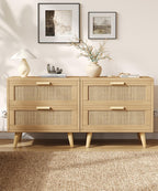 Keehusux 23.6" W Rattan Nightstand with Charging Station and 2 Drawers | Large Bedside Table, Wooden End Table with Solid Wood Legs, Boho Night Stand for Bedroom, Natural Oak KES009MECTG
