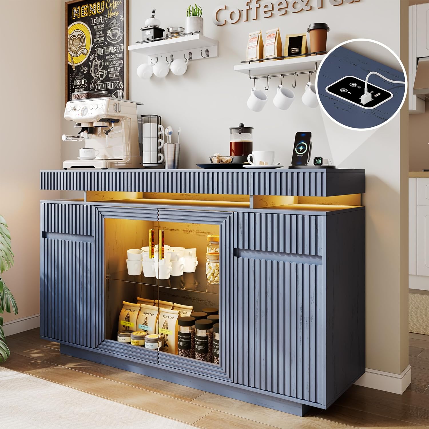 LVSOMT 47.2" Sideboard Buffet Cabinet with Storage, Modern Buff Storage Cabinet with Drawers with Motion Sensor, Lighting, Adjustable Shelf, Coffee Bars for Kitchen Dining Room Entryway (Blue)
