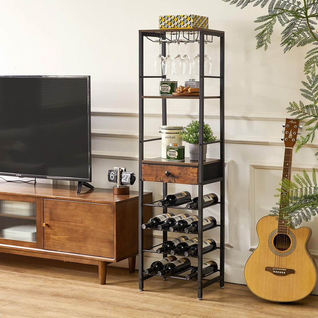 IBUYKE Wine Rack Freestanding Floor with Glass Holder,Brown TMJ905H | Bar Cabinet for Liquor and Glasses 4-Tier Coffee Bar Cabinet Glass Holder and Storage Drawer for Home Kitchen Living Room