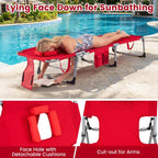 Goplus Tanning Chair, Folding Adjustable Patio Lounger w/Face Arm Holes, 4-Position, 330 LBS, Removable Cushion,Carry Strap, Outdoor Sunbathing Chair, Lightweight Portable Beach Lounge Chair (1, Red)