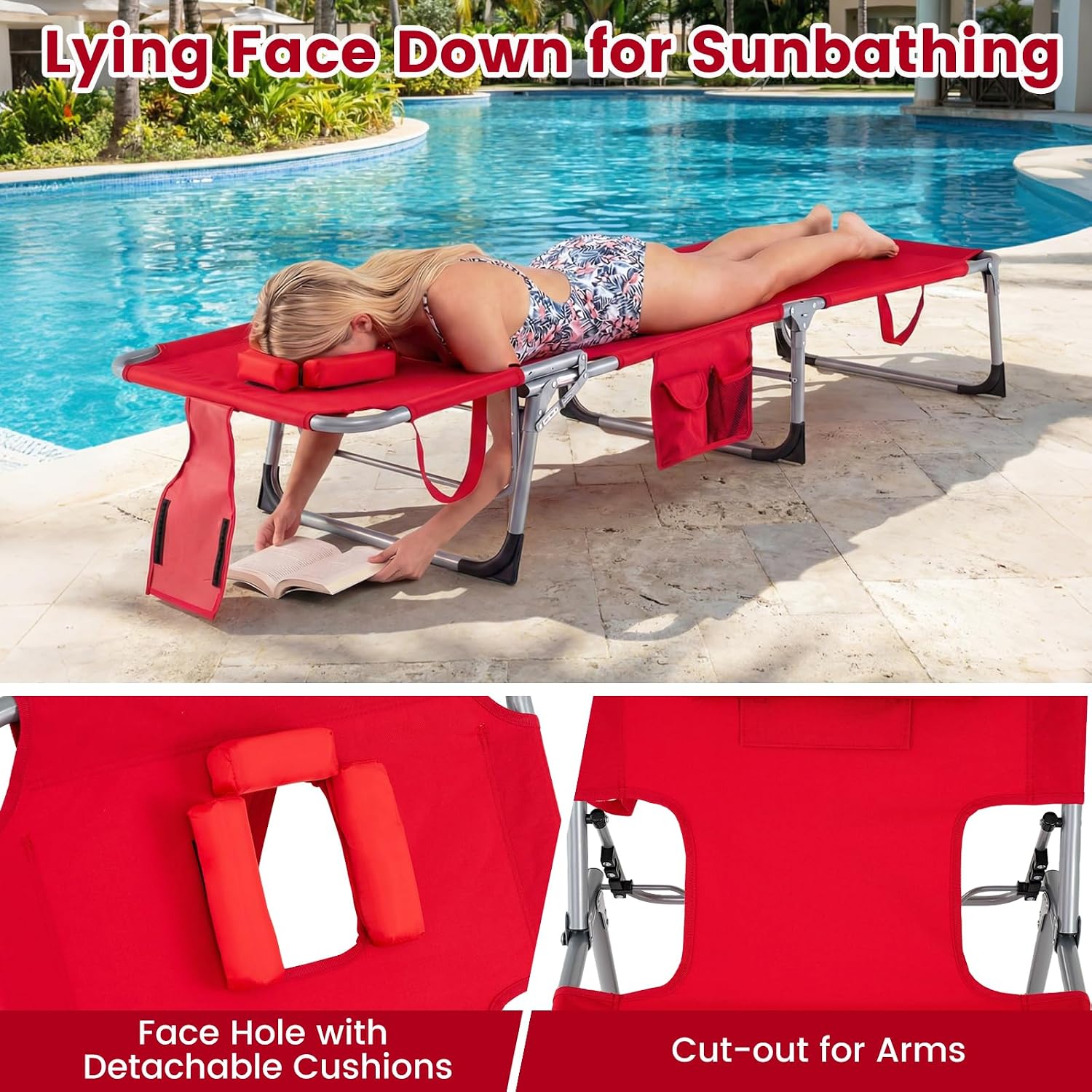 Goplus Tanning Chair, Folding Adjustable Patio Lounger w/Face Arm Holes, 4-Position, 330 LBS, Removable Cushion,Carry Strap, Outdoor Sunbathing Chair, Lightweight Portable Beach Lounge Chair (1, Red)