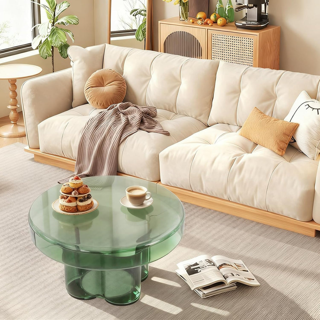 Round Glass End Table, Modern Floral Base Coffee Table Small Accent Side Table for Living Room Bedroom Office 15" or 22" Tabletop