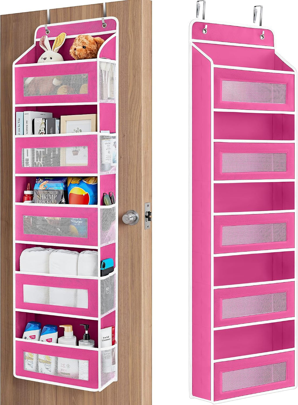 JARLINK Over The Door Organizer Storage, 5 Shelf Hanging Door Organizer with 5 Large Capacity Pockets, Anti Tilt 44 lb Load Behind Door Storage for Bedroom, Bathroom, Pantry, Nursery, Rose Pink