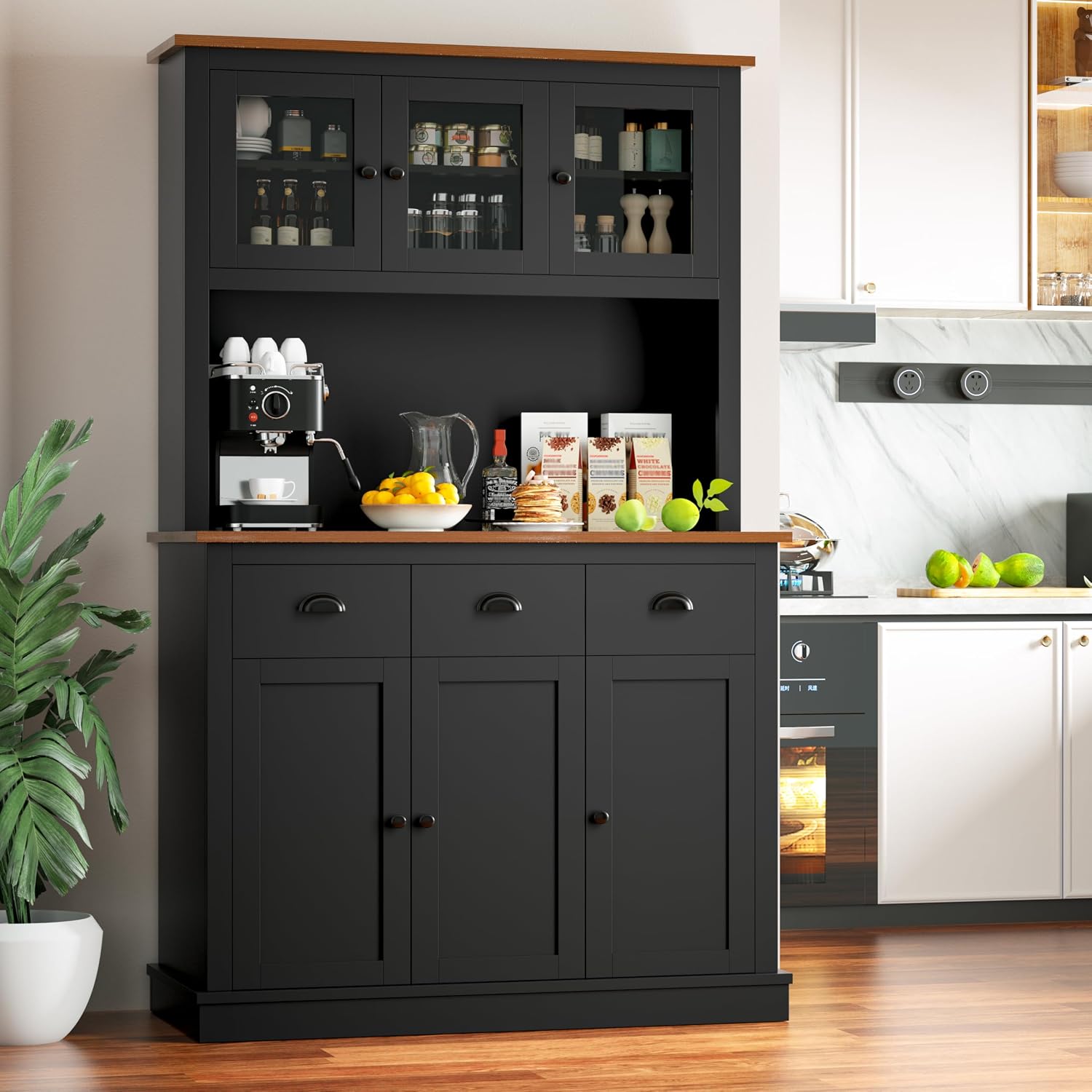 MU 71" Kitchen Pantry Cabinet with Charging Station, Tall Pantry Hutch with Drawers, Countertop & Microwave Shelf, Food Storage Cabinet for Dining Room & Coffee Bar, Black