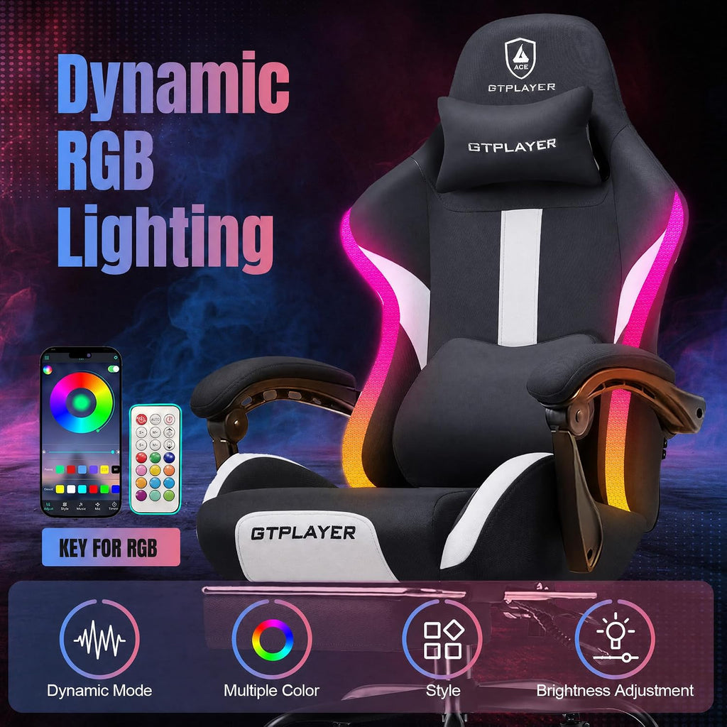 GTPLAYER Fabric Gaming Chair with Footrest, LED Lights, Comfy Chair | Ergonomic Computer Chair, Linkage Armrest, Breathable Fabric for Home Office Desk, Video Game Chairs for Adults
