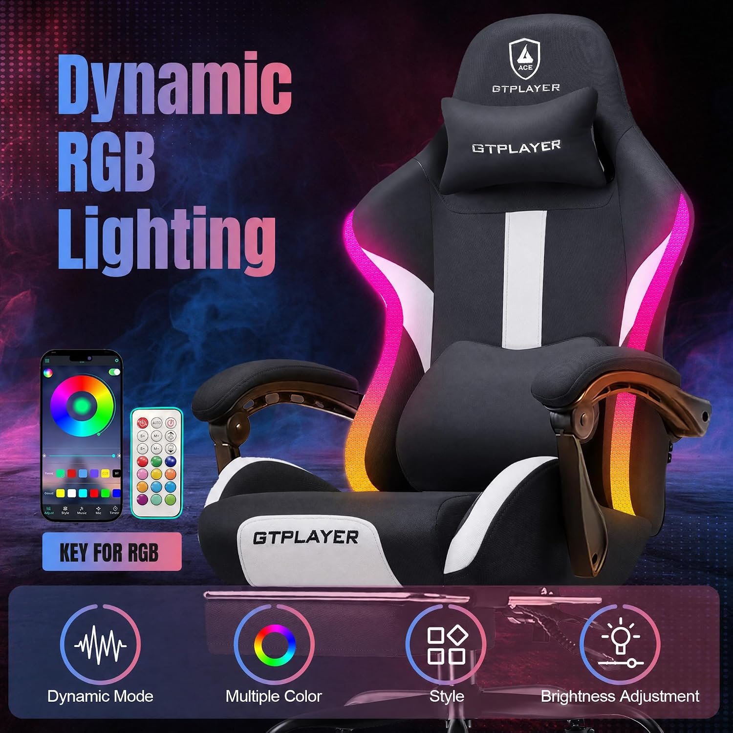 GTPLAYER Fabric Gaming Chair with Footrest, LED Lights, Comfy Chair | Ergonomic Computer Chair, Linkage Armrest, Breathable Fabric for Home Office Desk, Video Game Chairs for Adults