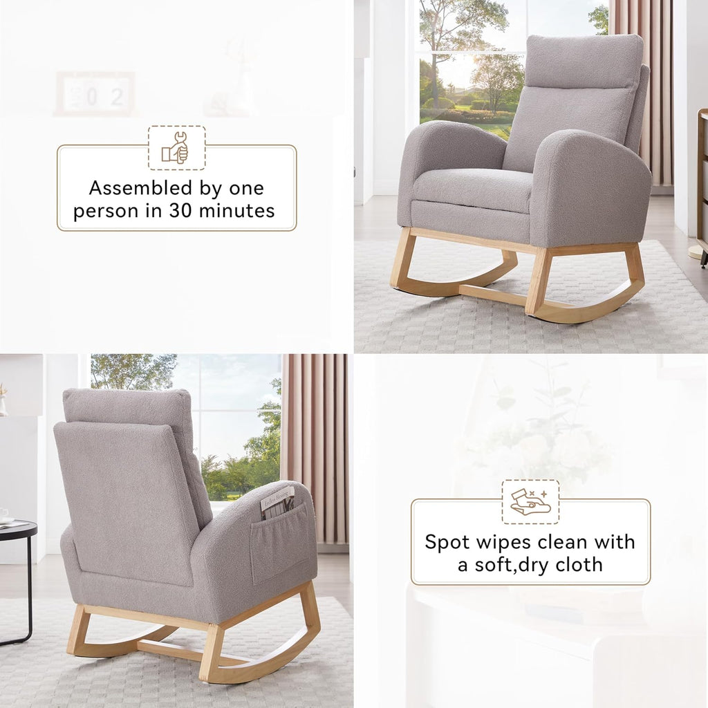 Rocking Chair, Nursery Rocking Chair, Teddy Fabric Accent Chair with Adjustable Footrest, Headrest, Side Pocket, Solid Wood Base, Light Gray