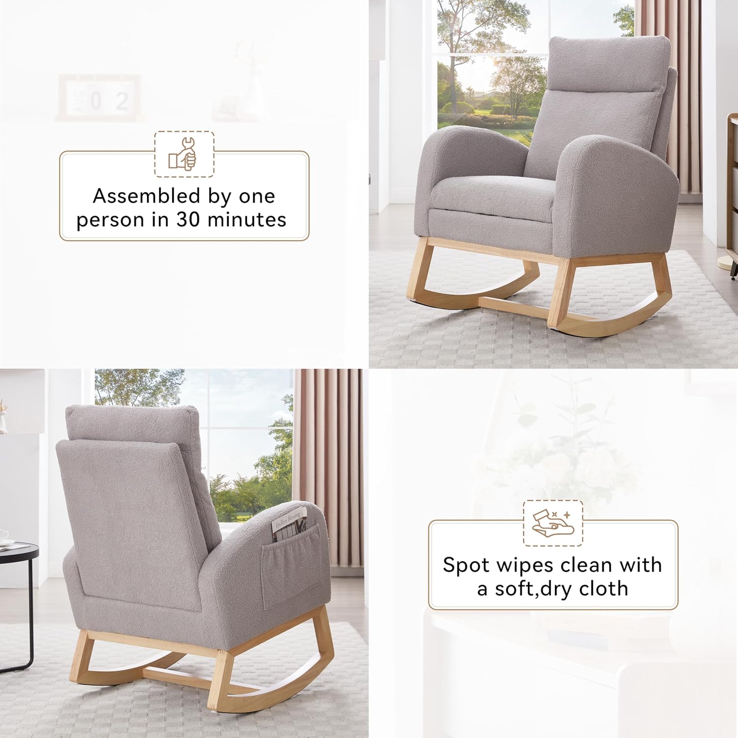Rocking Chair, Nursery Rocking Chair, Teddy Fabric Accent Chair with Adjustable Footrest, Headrest, Side Pocket, Solid Wood Base, Light Gray