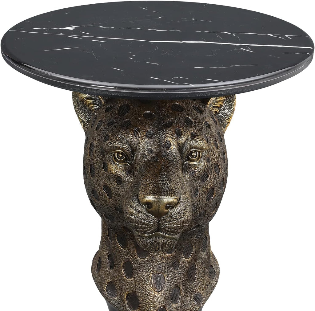 Decorative Leopard Round Side Table - Creative Bronze Animal Head End Table with Black Faux Marble Top - Luxury Safari Theme Accent Furniture Statement Piece for Living Room, Bedroom & Office