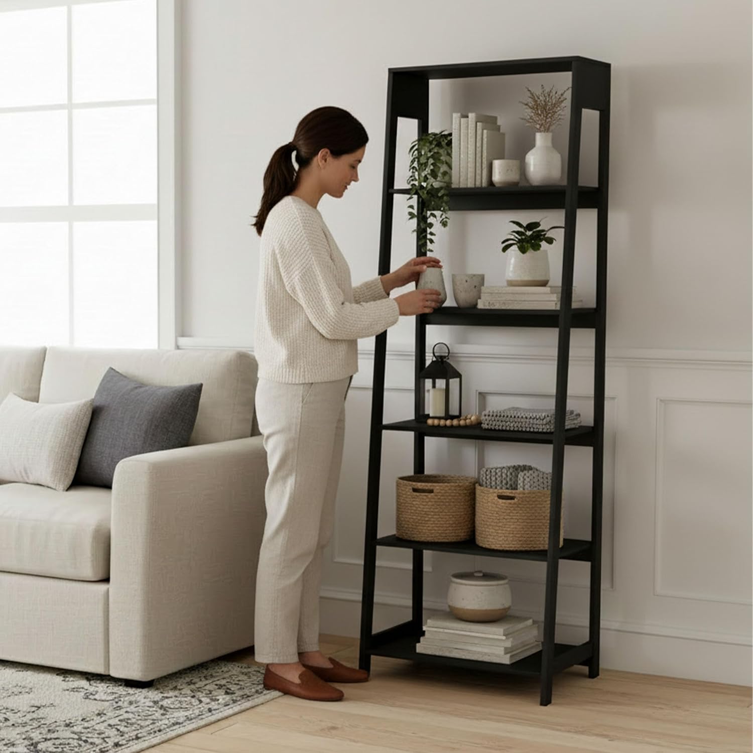 Lavish Home 5-Tier Ladder Bookshelf - Modern Freestanding Wooden Bookcase with Leaning Look Frame Design - Display Shelves for Books, Décor, and Storage in Home, Living Room or Office (Black)